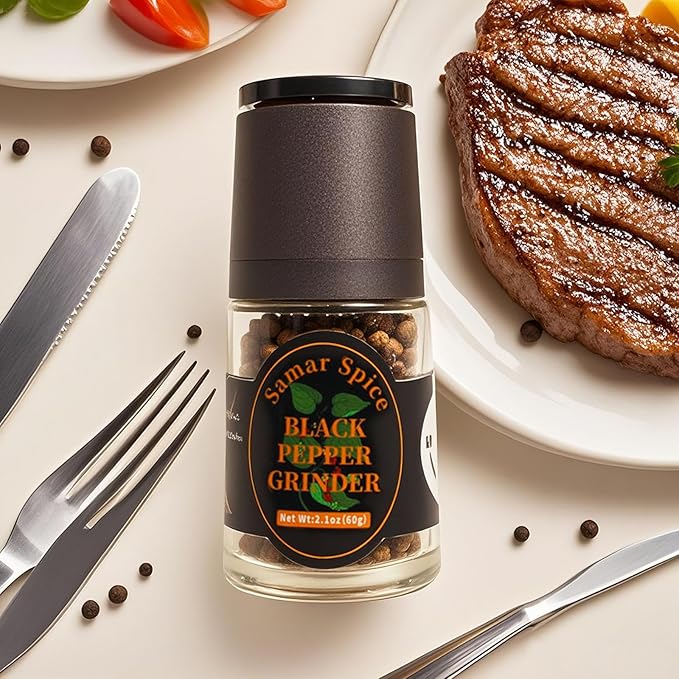 Whole Black Peppercorns with Adjustable Grinder(2.1oz+16oz) & Refill Pack | Restaurants & Home Cooks | Enhances Meat, Beef, Steak & Meat Lovers' Dishes (60g+453g)