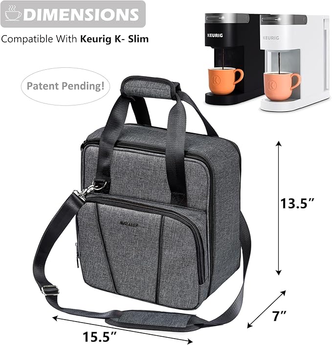 BAGSPRITE Travel Coffee Maker Bag for Keurig K-Slim, Single Serve Coffee Brewer Carrying Case, Portable Travel Coffee Maker Storage Case with Pockets for K-Cup Pods (Full Open Design Patent Pending)