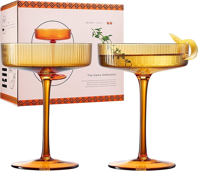 Khen Ribbed Vintage Art Deco Coupe Glasses - Martini, Champagne & Cocktail Ribbed Glasses 8oz | Cute Crystal Glassware Sets - Goblet Stemmed Ripple Glassware, Housewarming Glass Gifts, Amber, 2 Pieces
