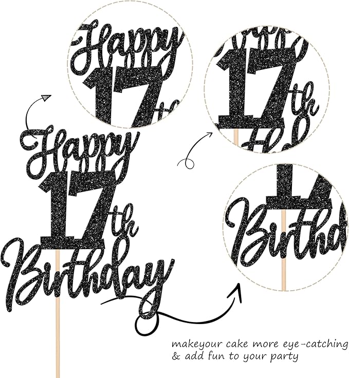 1 PCS Happy 17th Birthday Cake Topper Glitter Cheers to 17 Years Birthday Cake Pick Seventeen Hello 17 Cake Decoration for Happy 17th Birthday Anniversary Theme Party Decorations Supplies Black