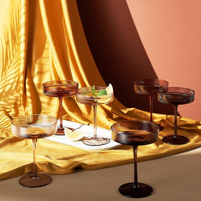 Khen Venus Colors 6 Pcs Ribbed Coupe Glasses, 10 oz Vintage Coupe Glass Set, Unique Martini Glass, Classic Cocktail Galssware, Bar Drinking Glasses Set Perfect for Cocktail, Wine, Champagne & Gift
