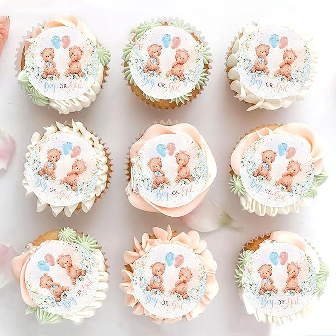 40Pcs Edible Gender Reveal Bear Cupcake Toppers Wafer Paper Boy or Girl Baby Shower Cake Decorative Supplies Jungle Animal Theme Birthday Party Cake Decorative Supplies