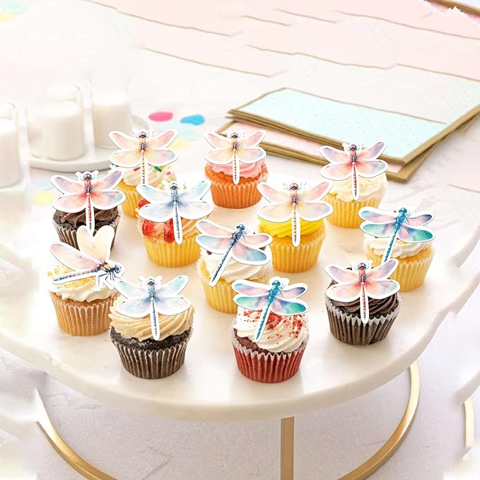 Rsstarxi 60 Pack Dragonfly Edible Cake Toppers Rice Paper Insect Themed Cupcake Picks for Baby Shower Birthday Wedding Anniversary Party Cake Decorations Supplies