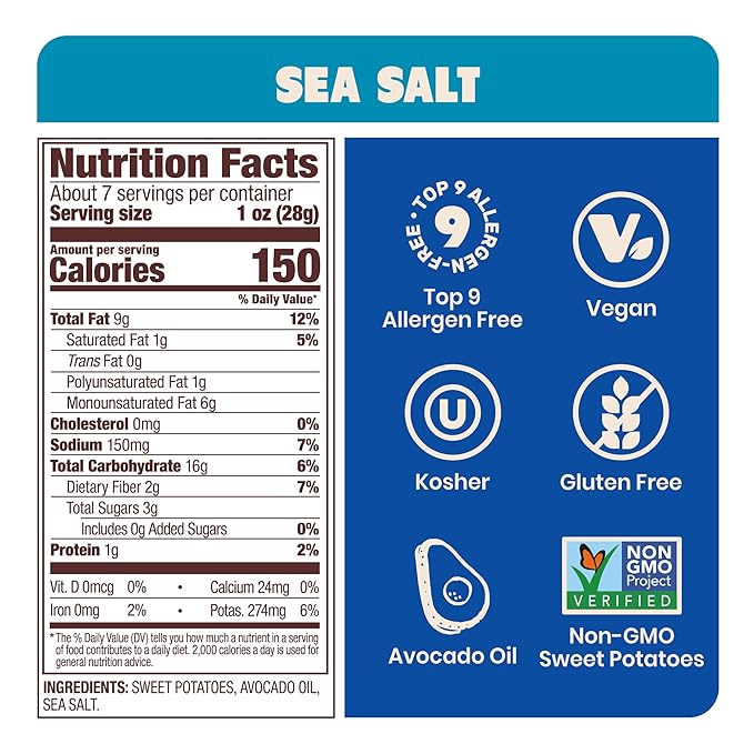 Jackson???Wavy Sweet Potato Kettle Chips - with Sea Salt made with Premium Avocado Oil (7oz, Pack of 6) - Allergen-friendly, Gluten Free, Peanut Free, Vegan, Paleo Friendly - Shark Tank Product
