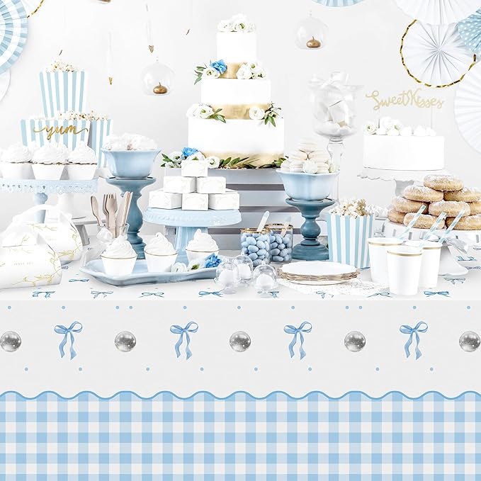 Coquette Blue Bow Party Tablecloths - 3Pcs Watercolor Blue Bow Birthday Table Cover, Disposable Plastic Rectangular Table Cloth Party Decorations for Birthday Baby Shower Wedding Supplies