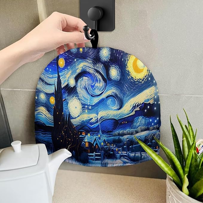 Oil Painting Starry Night Tea Cozy for Teapot Dome Teapot Cover Customized Teapot Covers with Handle Dust Cover Kitchen Kettle Dust Cover Can Hung and Folded (Blue)