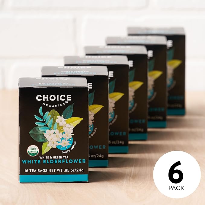 Choice Organic White Elderflower & Green Tea, Caffeinated, 16 Bags (Pack Of 6)