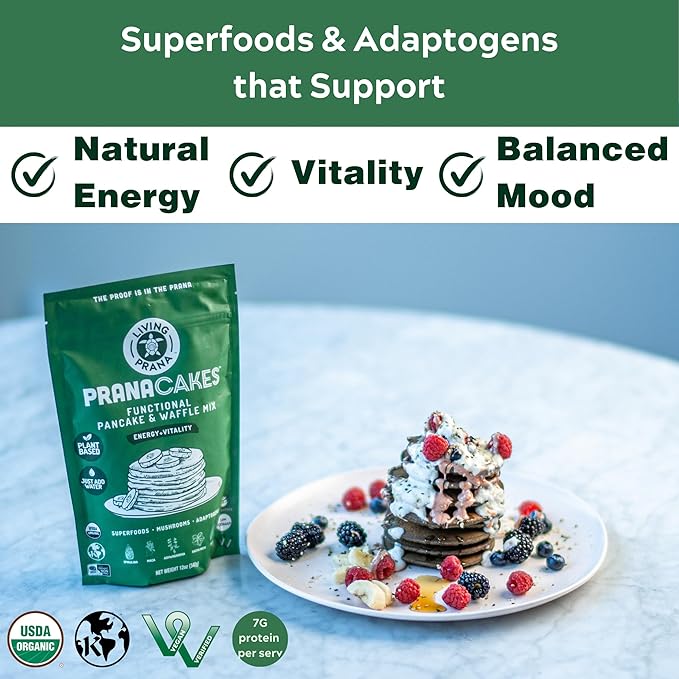 PranaCakes Superfood Organic Pancake & Waffle Mix Gluten Free | Energy, Vitality & Mood Balancing | Plant-based Protein | Just-Add-Water | By LIVING PRANA | 12oz
