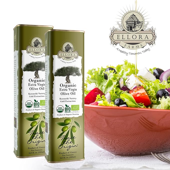 Ellora Farms, Organic Extra Virgin Olive Oil, Cold Press, Traceable Single Origin, Kosher, High Polyphenols, 17 oz. tin, Pack of 2