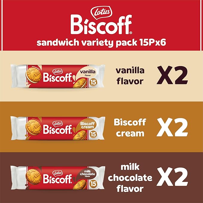 Lotus Biscoff Sandwich Cookies, Variety Pack, Biscoff Cream/Vanilla Cream/Milk Chocolate Cream, 15 Cookies per pack, 5.29 Ounces (Pack Of 6)