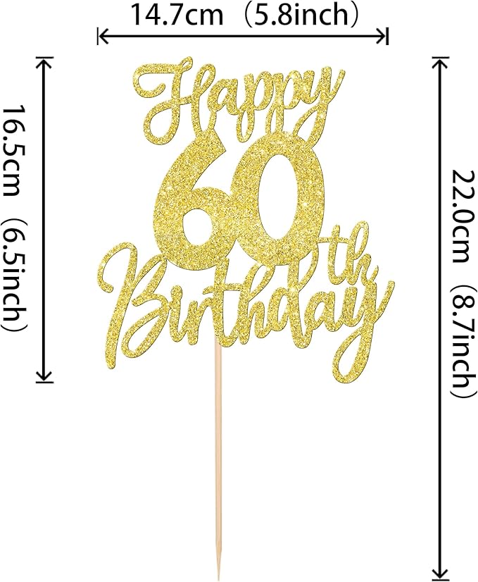 1 PCS Happy 60th Birthday Cake Topper Glitter Cheers to 60 Years Birthday Cake Pick Sixty Hello 60 Fabulous Cake Decoration for Happy 60th Birthday Anniversary Party Decorations Supplies Gold