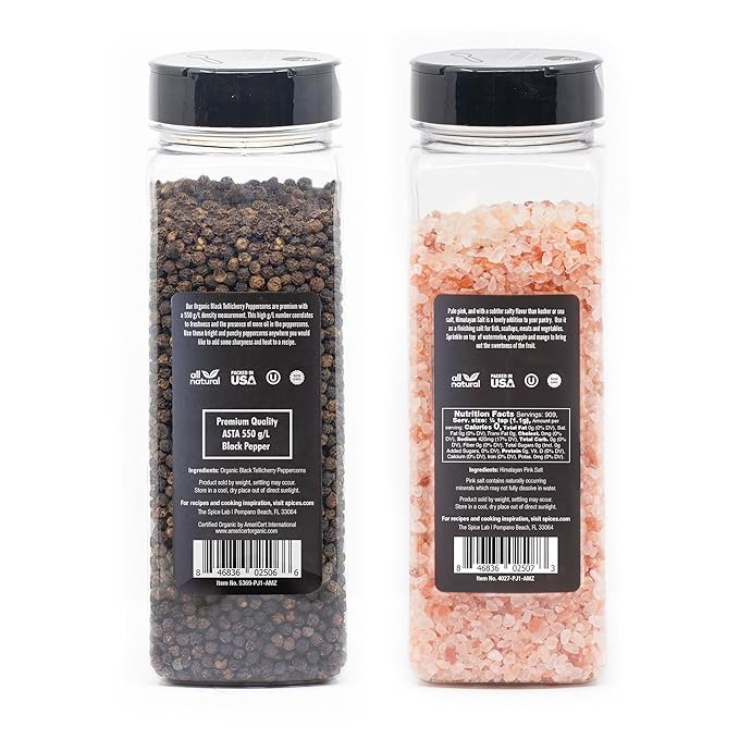 The Spice Lab Pink Himalayan Salt Coarse 2.2 Pound Tub & USDA Organic Tellicherry Peppercorns 18oz Tub - Combo Salt and Pepper Gift Pack - Peppercorns for Grinder