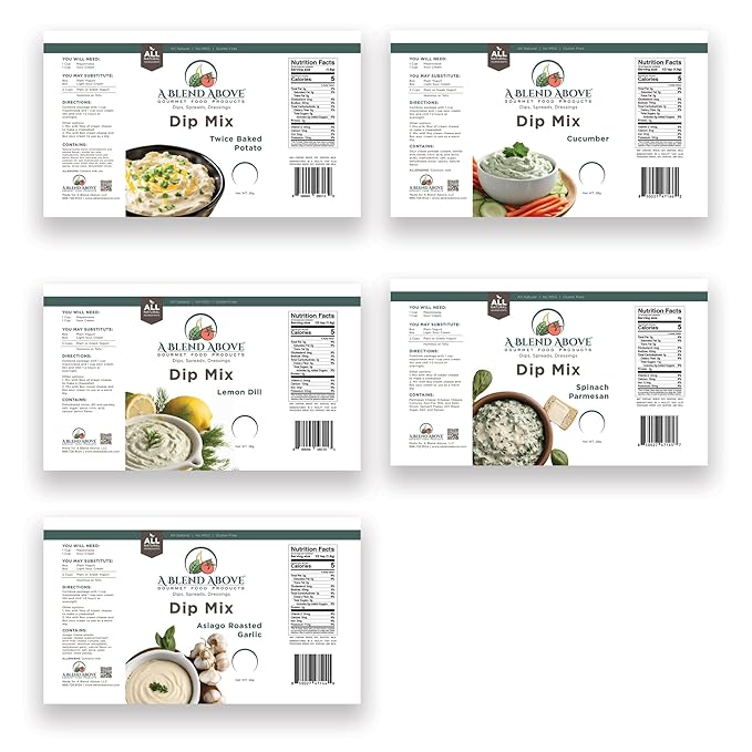 A Blend Above 5-Pack Dip Mixes - Delicious Summer Blends, Includes Cucumber, Lemon Dill, Asiago Roasted Garlic, Spinach Parmesan, and Twice Baked Potato - Gluten-Free, No Preservatives, Easy to Prepare, Ideal for Parties and Snacking