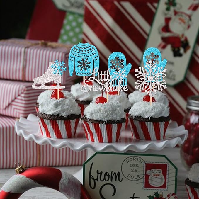 30 PCS Snowflake Cupcake Toppers Glitter Skate Shoe Gloves Sweater Cupcake Picks for Snowflake Theme Winter Wonderland Baby Shower Birthday Merry Christmas Party Cake Decorations Supplies