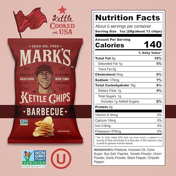 MARK???Kettle Cooked Avocado Oil Potato Chips, BBQ ??Seed Oil & GMO Free | Barbecue, 5 oz (Pack of 3) | Gluten Free, Non-GMO, Chips for Clean & Healthy Snacking
