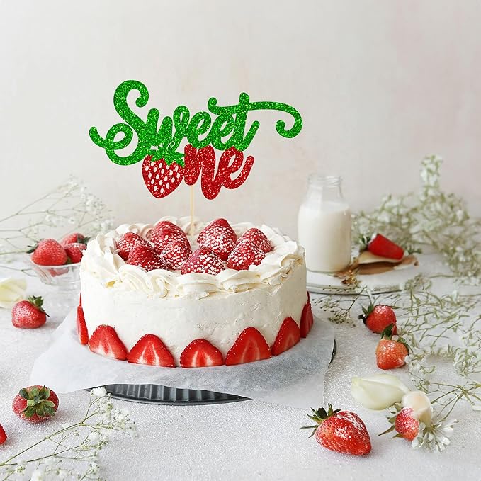 1Pc Strawberry 1st Birthday Cake Topper Red Glitter Sweet One First Birthday Strawberry Cake Pick Decoration for Sweet Fruit Theme Baby Shower Kids Birthday Party Supplies