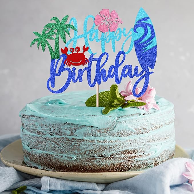 Rsstarxi 1 Pack Beach Happy Birthday Cake Topper Glitter Flower Crab Palm Leaf Surfboard Cake Pick for Beach Surfing Hawaii Luau Theme Baby Shower Kids Boys Girls Birthday Party Cake Decorations