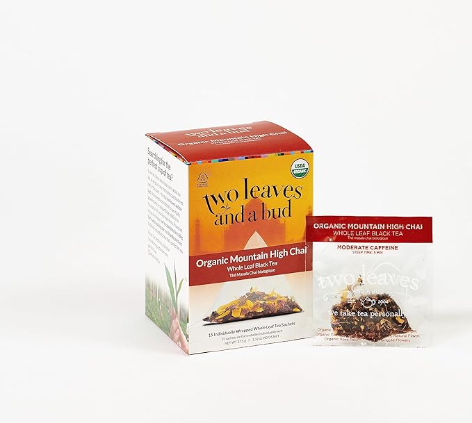 Two Leaves and a Bud Organic Mountain High Chai Tea Bags, Whole Leaf Black Tea and Spices in Compostable Sachets, Add Milk and Sweetener or Drink Plain, 15 Count (Pack of 1)