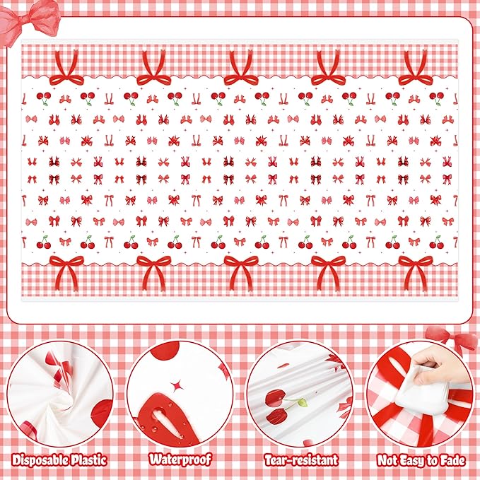 3Pcs Bow Party Tablecloths - Red Cherry Party Table Covers Decorations Coquette Bow Rectangular Plastic Disposable Table Cloth Decor for Girls Women Kids Birthday Baby Shower Supplies