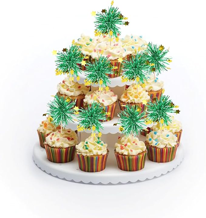 Rsstarxi 30 Pack Foil Firework Cupcake Toppers Birthday Sparkle Tinsel Drink Cake Decorations Cocktail Picks for New Years Valentine's Day Birthday Wedding Graduation Party Decorations Green