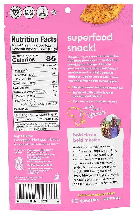 Am채zi Foods, Dried Pineapple - Moringa Hibiscus 2.3Ounce All Natural Snacks No Sugar Added Dried Pineapple Dehydrated Fruit