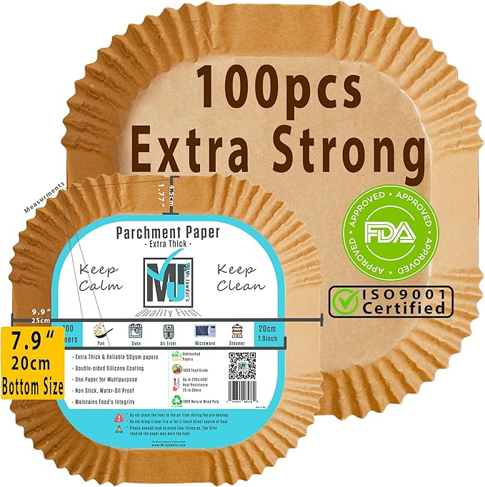 ((Extra Strong)) Air Fryer Disposable Paper Liner 100Pcs, Mr.Jawdat's Strong AirFryer Liners, Non-Stick Liner for Air Fryer and Microwave, Free of Bleach (Square, Bottom Size 7.9inch)