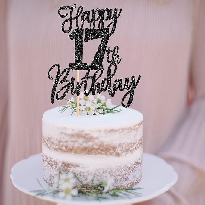 1 PCS Happy 17th Birthday Cake Topper Glitter Cheers to 17 Years Birthday Cake Pick Seventeen Hello 17 Cake Decoration for Happy 17th Birthday Anniversary Theme Party Decorations Supplies Black