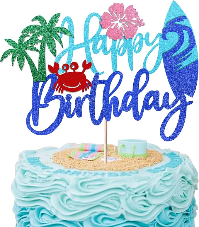 Rsstarxi 1 Pack Beach Happy Birthday Cake Topper Glitter Flower Crab Palm Leaf Surfboard Cake Pick for Beach Surfing Hawaii Luau Theme Baby Shower Kids Boys Girls Birthday Party Cake Decorations
