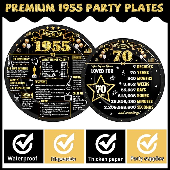 96Pcs 70th Birthday Plates and Napkins Back in 1955 Party Decorations Black Gold 70 Year Old Party Dessert Plates 1955 Tableware for 24 Guests 70th Theme Men Woman Birthday Supplies