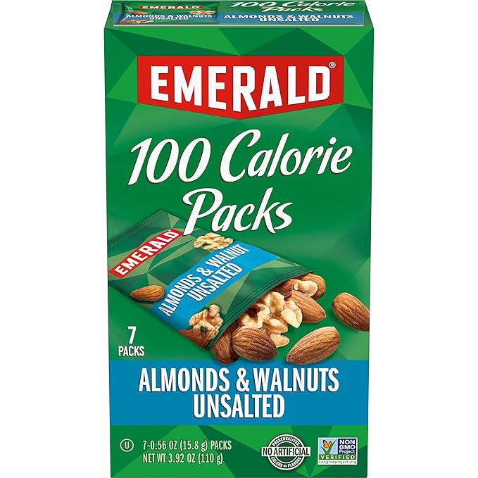 Emerald Nuts Unsalted Almonds and Walnuts 7 Ct (1-Pack), 100-Calorie Individual Packs of Nut Blend, Kosher Certified, Non-GMO, Contains No Artificial Preservatives, Flavors or Synthetic Colors
