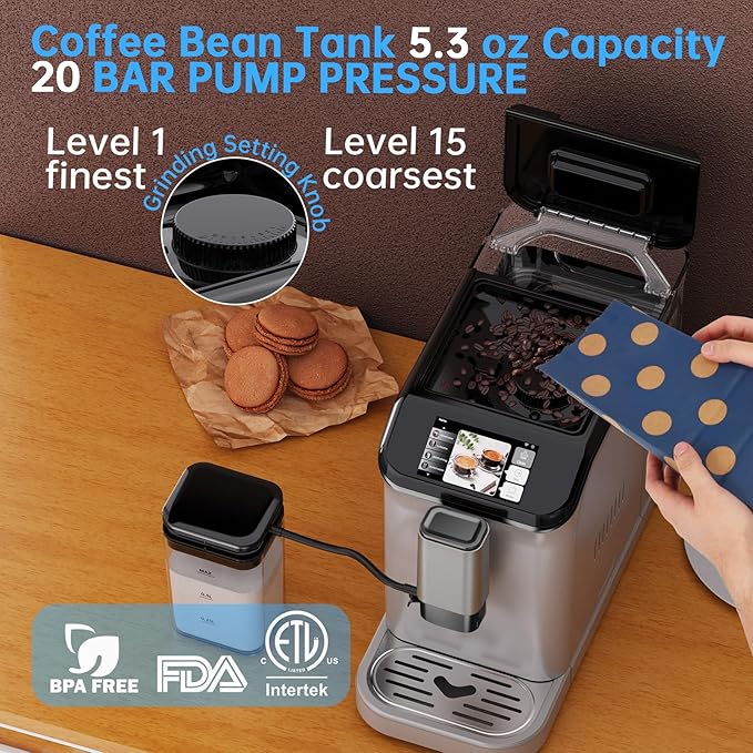 Super Automatic Espresso Machine 20 Bar with Grinder, One Touch Recipes & Automatic Milk Frother, 1350W Compact Bean to Cup Coffee Maker with TFT Touchscreen for Home Barista, Silver & Black
