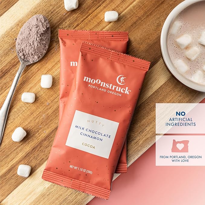 Moonstruck Chocolate Hot Chocolate Mix Variety Pack - Contains 6 Flavors: Milk Chocolate Cocoa, Dark Chocolate Cocoa, Milk Chocolate Cinnamon Cocoa, Mint Chocolate Cocoa, Milk Chocolate Ginger and Turmeric Cocoa, and White Chocolate Horchata Cocoa