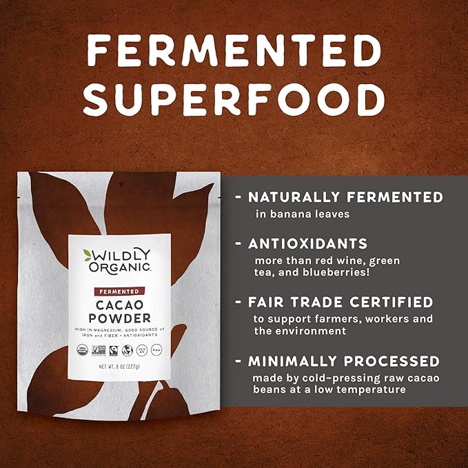 Wildly Organic Fermented Cacao Powder 8 Oz Bag - Organic, Non-Alkalized, Minimally Processed, Raw, Fair Trade, Non-GMO, Kosher, Vegan, Premium Rich Chocolate Flavor | Perfect for Skin, Smoothies, Yogurt, Oatmeal, Chocolate, Fudge, Baking, & Hot Cocoa