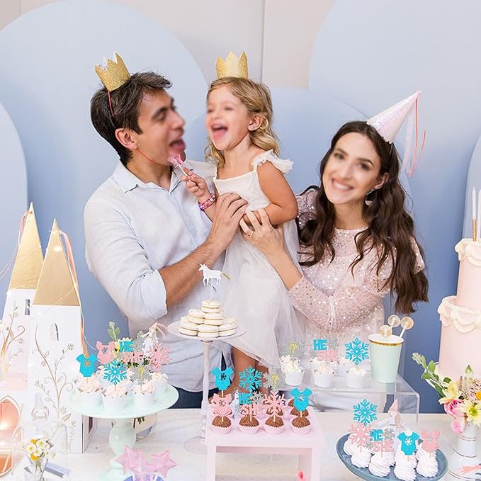 24 PCS Snowflake Gender Reveal Cupcake Toppers Pink Blue Glitter He or She Snowflake Cupcake Picks Boy or Girl Cake Decorations for Gender Reveal Theme Baby Shower Kids Birthday Party Supplies