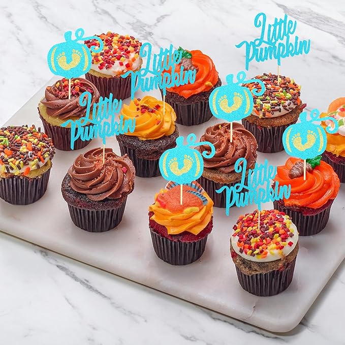 24Pcs Little Pumpkin Cupcake Toppers Pumpkin Baby Shower Cake Decorations Baby Feet Pumpkin Cupcake Picks for Thanksgiving Halloween Kids Birthday Party Decorations - Bule Glitter