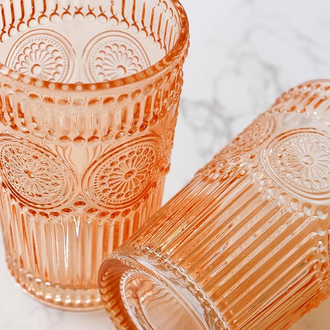 Vintage Textured Rose Gold Striped Drinking Glasses Set of 6, (13 oz) Ribbed Glassware Set | Cocktail Set, Ice Tea Glasses, Juice Glass, Water Cups
