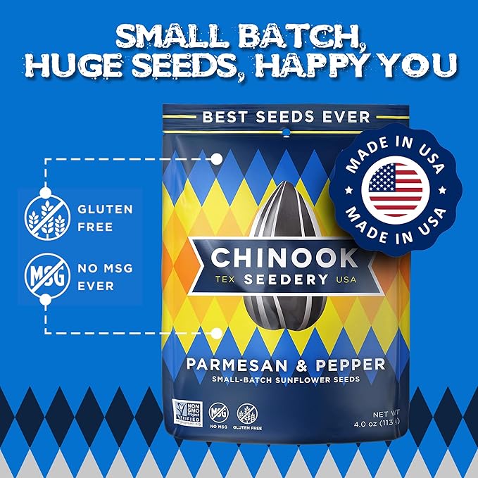Chinook Seedery Roasted Jumbo Sunflower Seeds - Keto Snacks - Best For Snack Packs - Gluten Free, Non GMO Snack Food Gifts - 4 ounce (Pack of 12) - Parmesan & Pepper Flavor