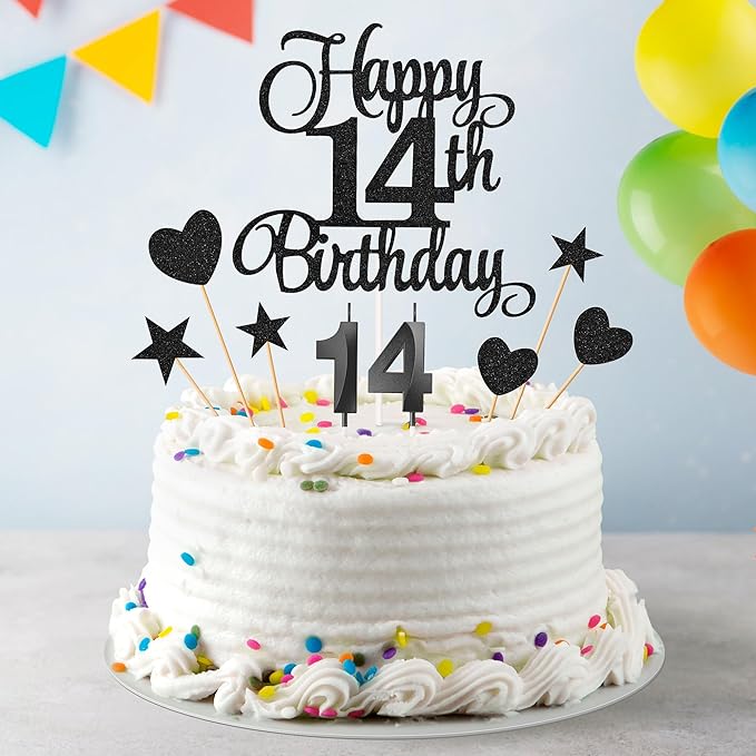 14th Birthday Cake Decorations, 14th Birthday Candles Cake Numeral Candles and Glitter Happy 14th Birthday Cake Toppers Set for Birthday Party Supplies (Black)