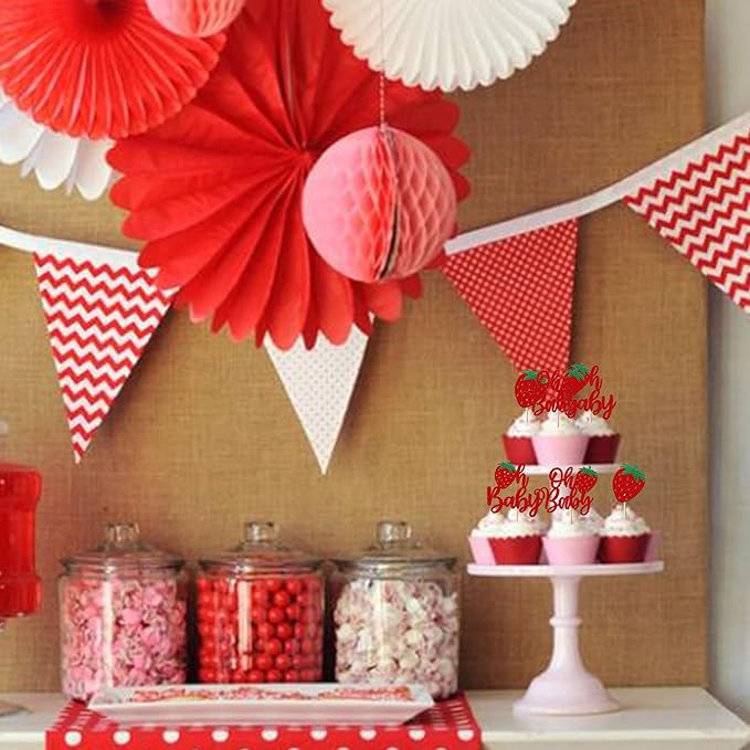 24 Pack Sweet Oh Baby Cupcake Toppers Glitter Oh Baby Strawberry Cupcake Picks Fruit Berry Cupcake Decorations for Summer Strawberry Baby Shower Kids Birthday Party Supplies Red