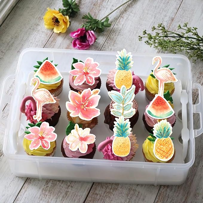 60 Pack Edible Flamingo Cupcake Toppers Wafer Paper Tropical Aloha Luau Pineapple Watermelon Cupcake Picks Flamingo Hawaiian Beach Cake Decorations for Summer Theme Birthday Party Supplies