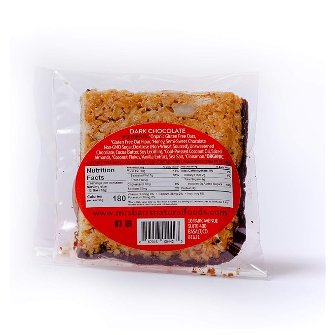 Mrs. Barr’s Natural Foods Granola Bars | Dark Chocolate | Certified Organic Gluten Free Oats | Soft Texture | Small Batch | Gourmet Quality | Real Ingredients | 2.5 Ounces (12 Pack)