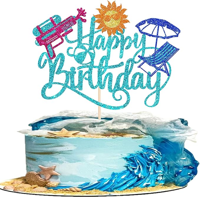 1 Pack Summer Beach Happy Birthday Cake Topper Tropical Hawaiian Water Gun Cake Pick Glitter Umbrella Pool Holiday Cupcake Decoration for Summer Baby Shower Birthday Party Supplies Blue