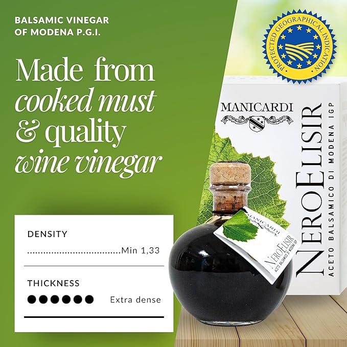 MANICARDI Dense Traditional Balsamic Vinegar of Modena PGI - Extra Thick Italian Black Elisir Perfect for Snacks, Pasta, Vegetables, Salad Dressings, Meat - Made in Italy, 8.45 Fl Oz (250 ml)