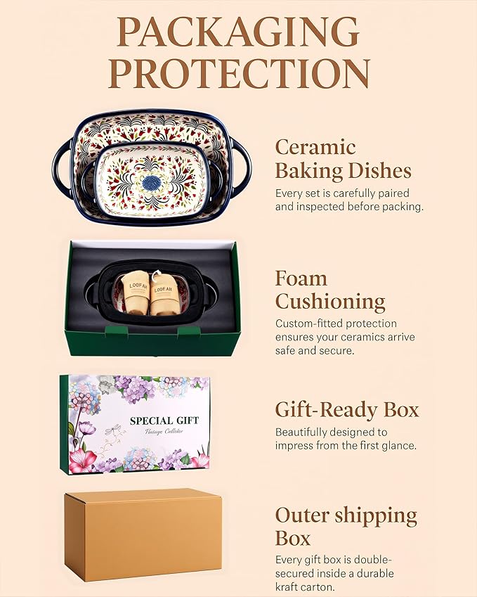 Ceramic Baking Dish Set of 2 ??Decorative Polish Pottery Style Casserole Dishes with Handles, Cute Oven-Safe Lasagna Bakeware Gift Set