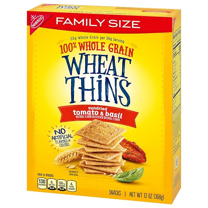Wheat Thins Sundried Tomato & Basil Snacks, Whole Grain Wheat Crackers, Snack Crackers, Family Size, 13 oz