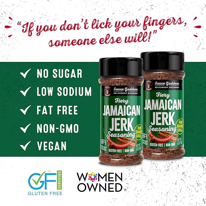 Sauce Goddess Fiery Jamaican Jerk Spice Shaker (2-Pack) - Seasonings and Spices for Cooking with Caribbean Flavors! For Chicken, Pork, Seafood & More - Low Sugar, Low Sodium, Fat-Free, Vegan Friendly