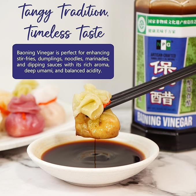 NPG Baoning Vinegar 16.9 Fl Oz, Barrel Aged Black Rice Vinegar, Authentic from Sichuan, Artisan Crafted, Naturally Brewed Chinese Black Vinegar For Dumplings, Xiao Long Bao, Sushi, Salad, Marinade, Stir Fry