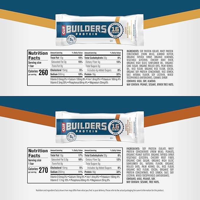 CLIF BUILDERS Protein Bars - Variety Pack - Crispy Almond Salted Caramel and Crispy Peanut Butter Chocolate Flavored - Reduced Sugar - Gluten Free - 16g Protein - No Artificial Sweeteners - 1.97 oz. (12 Pack)