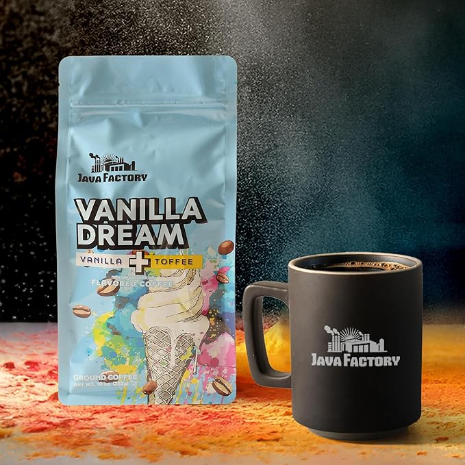 Java Factory Vanilla Dream Flavored Ground Coffee Bag ??Vanilla and Butter Toffee Brew, Made with 100% Arabica Beans - Flavor Enhanced, 10 Oz