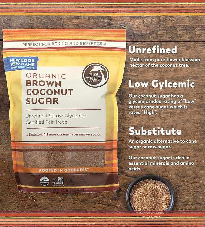 Big Tree Farms Organic Brown Coconut Sugar - Coconut Palm Sugar, Unrefined, Fine Crystals, Cane Sugar Replacement, Coconut Blossom Nectar, Vegan, Perfect for Baking - 2 Pound (Pack of 2)